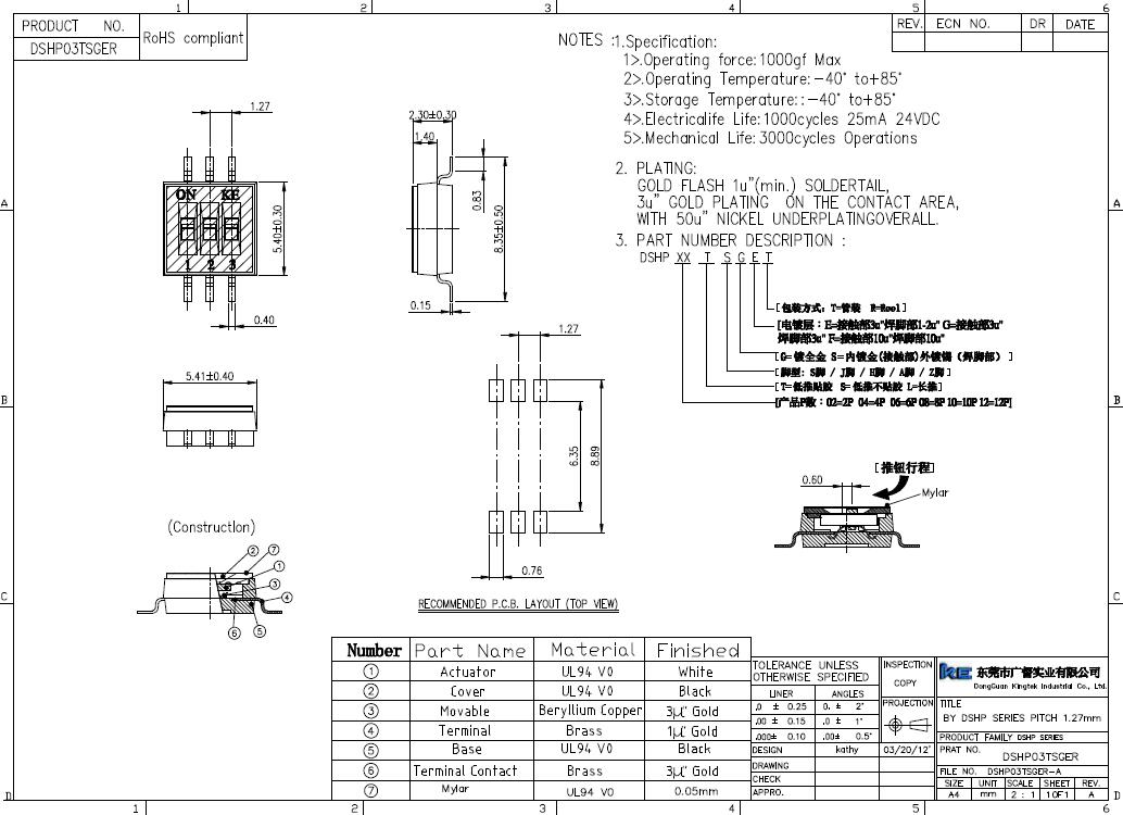 DSHP03TSGER 撥碼開關(guān) 1.27mm 圖紙 規(guī)格書 3位